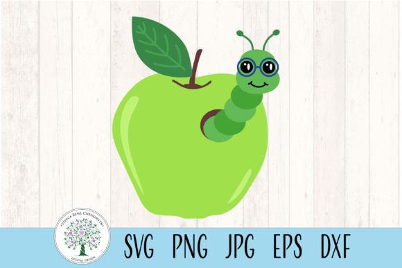 Whimsical Back-to-School Design: Green Apple with Cute Bookworm Teacher – Craft, Personalize & Inspire